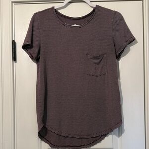 American Eagle Burgundy Striped Short Sleeve Tee